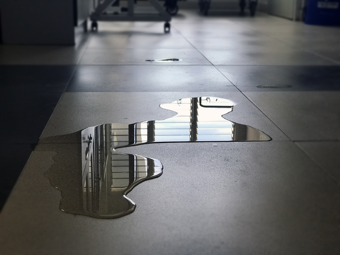 Puddle of water on the floor of building from leak