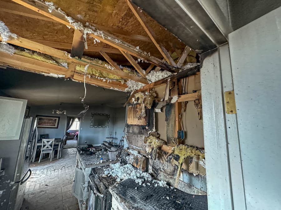 Aftermath of fire damage to home kitchen